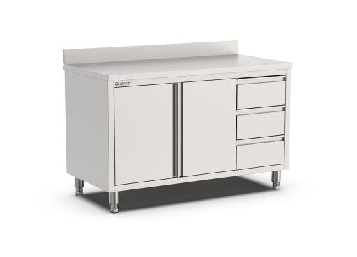 Werkbank draaideuren met laden rechts en opstaande rand