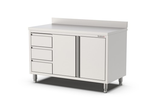 Werkbank draaideuren met laden rechts en opstaande rand