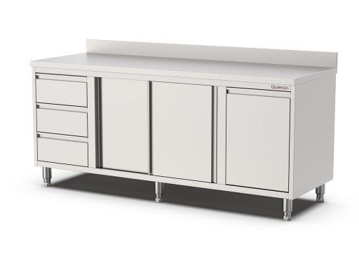 Werktafel draaideur met laden (L), kanteldeur en opstaande rand Afm: 2000x600xh900
