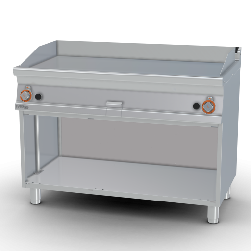 Gas Fry-top smooth chromed griddle SUPERCHROME (Moca Approved), on open cabinet, plate cm.116x51 - 2 cooking areas (included 1 Head end filler strip mod.TPA-7)