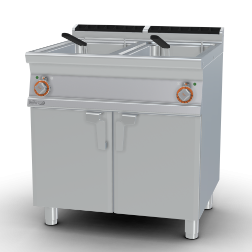 Fryer threephase 18+18 lts - 2 pans cm. 31x34x33h 2 baskets cm. 28x29x15h. 2 sieve and lids for pan. 2 drip trays with sieves. Production: 30 kg/h (included 1 Head end filler strip mod.TPA-7)