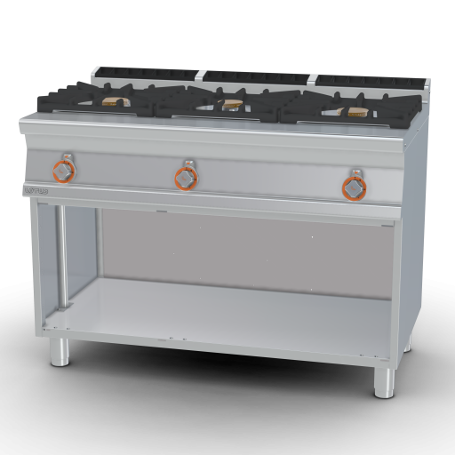 Gasgestookte kookunit op open kast - 3 branders 10+7+10kW