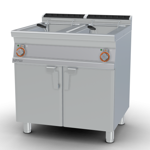Fryer threephase 13+13 lts - 2 pans cm. 24x35x33h 2 baskets cm. 21x30x12h. 2 sieve and lids for pan. 2 drip trays with sieves. Production: 20 kg/h (included 1 Head end filler strip mod.TPA-7)