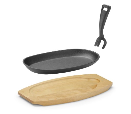 Gietijzeren schaal met houten onderlegger en greep