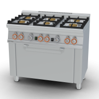 Gas range - N. 6 burners - Gas static oven with grill cm. 64x39x35h, temp: 125÷275°C, with 1 grid cm.53x32,5 GN1/1 - Stainless steel door 